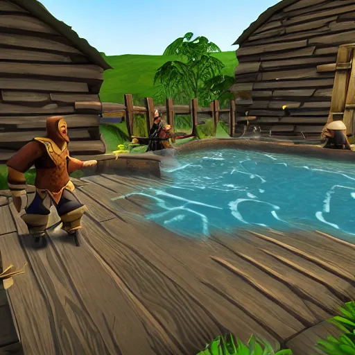 Image similar to runescape playing in the hot tub with wizard101 scenery, hyperrealistic, photo realistic, realistic, beautiful white lighting, in the middle of the day