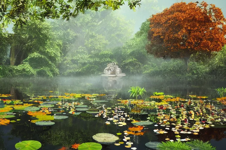 Prompt: A lovely overgrown temple in a pond full of lily pads with autumn!!! trees overhead and blue aberrant skies, trending on artstation, 4k, 8k, illustrated and reimagined by Max Hay, yellow dappled lighting, eye-level view, artstation 3d, artstation render, artstation 3d render, 3d art, unreal engine 3d, octane 3d, blender 3d, 3d landscape, photorealistic imagery, photorealistic details, intricate, highly detailed, fisheye!!! view!!!, lens distortion!!!, chromatic aberration