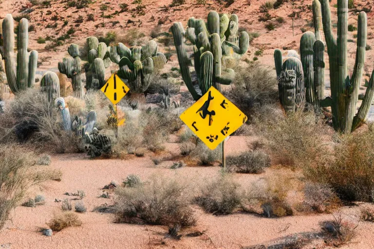 Image similar to photo of a hotel in a desert with alot of cactus with a sign of warning, 4k