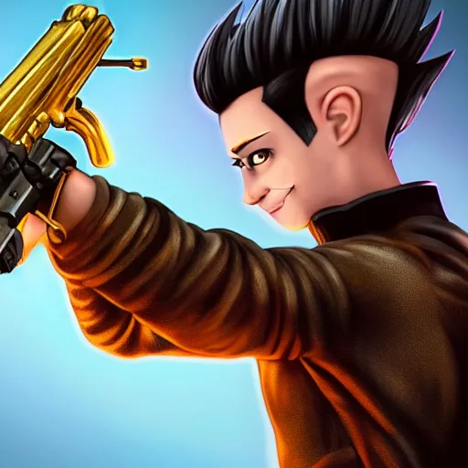 Image similar to hyperrealistic portrait of gothic cyberpunk jimmy neutron holding a golden machine gun, 4 k, highly detailed, beautifully rendered