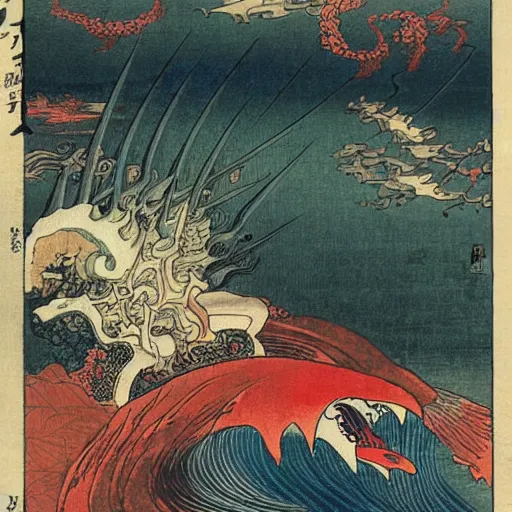 Prompt: A sea full of mythical monsters by Utagawa Kuniyoshi, ukiyo-e, nightmare ocean storm