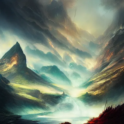 Image similar to fantasy book cover painting, dramatic shot of a lively landscape in the country, ultradetailed, wallpaper, 4k, prismatic, by Ross Tran