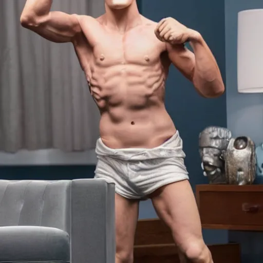 Prompt: a realistic detailed photo of a guy who is an attractive humanoid who is half robot and half humanoid, who is a male android, boxer logan paul, shiny skin, posing like a statue, blank stare, in a living room, on display, showing off his muscles