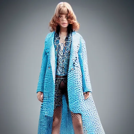 Image similar to fashion 2 0 5 0 fantastic openwork long coat with intricate pattern on a beautiful symmetrical girl with blue hair, hyper realistic photos