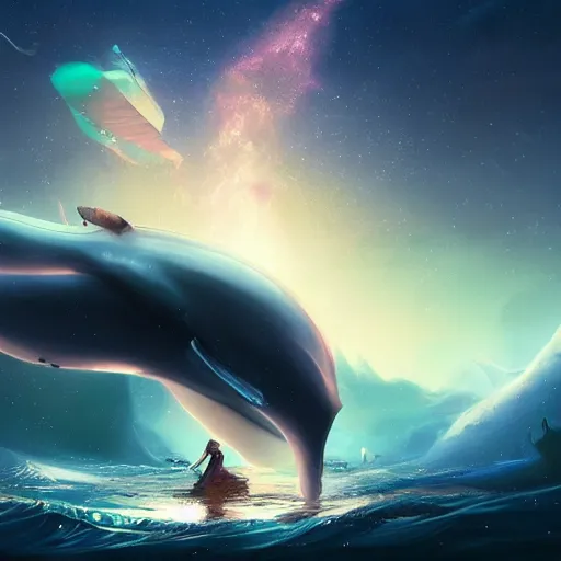 Prompt: a beautiful scenary of a fantasy world of a giant flying whale with the background of a milky way, artstationHD, digital painting, hyper detail, elegant, cinematic, epic lighting, very very very very beautiful scenery