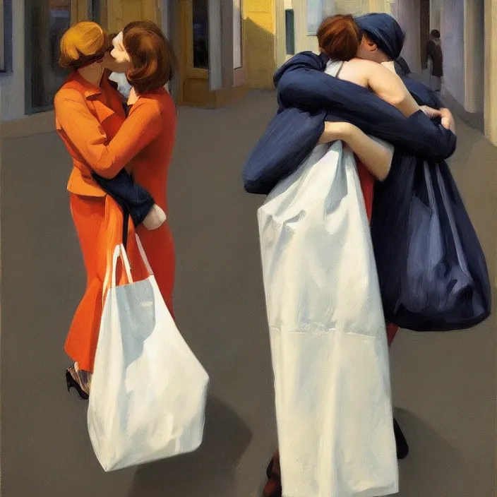 Image similar to two women hugging with a paper bag over the head dressed in plastic bags highly detailed artstation art by edward hopper zdislav beks