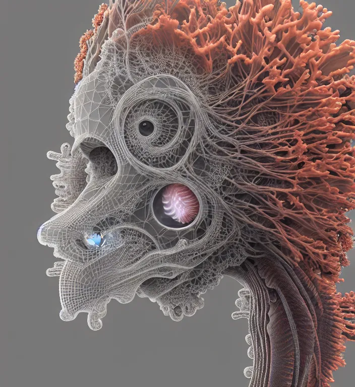 Image similar to portrait intricate mask, eagle coral, jelly fish, mandelbulb 3 d, fractal flame, octane render, cyborg, biomechanical, futuristic, by ernst haeckel