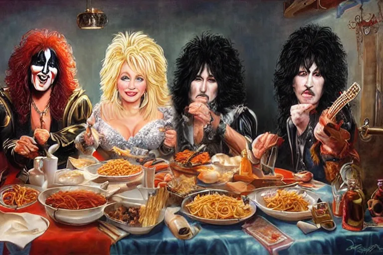 Prompt: dolly parton having a spaghetti dinner with paul stanley in kiss makeup, an oil painting by ross tran and thomas kincade
