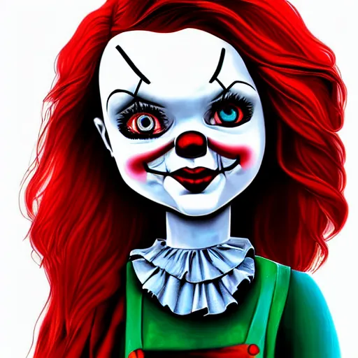 Prompt: Tiffany from Chucky and pennywise together, illustration, digital art, well detailed