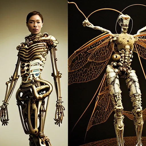 Image similar to still frame from Prometheus movie by Makoto Aida by malczewski, biomechanical dragonfly angel gynoid, metal couture by neri oxmn and Guo pei, editorial by Malczewski and by Caravaggio