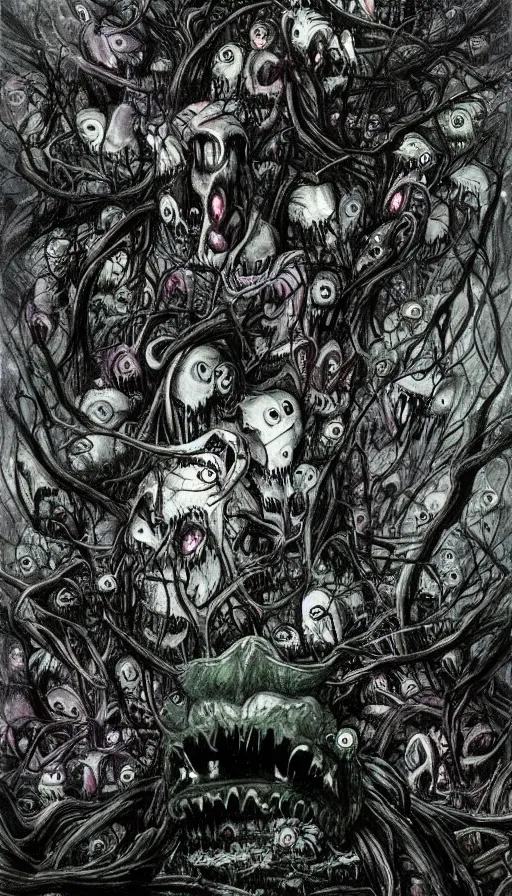 Image similar to a storm vortex made of many demonic eyes and teeth over a forest, by yoshitaka amano,