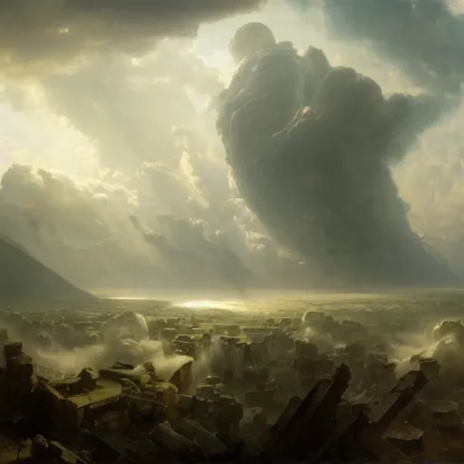 Image similar to Panorama view of a hurricane lifting the ruins of an ancient city into a sea of clouds, oil painting, by Greg Rutkowski