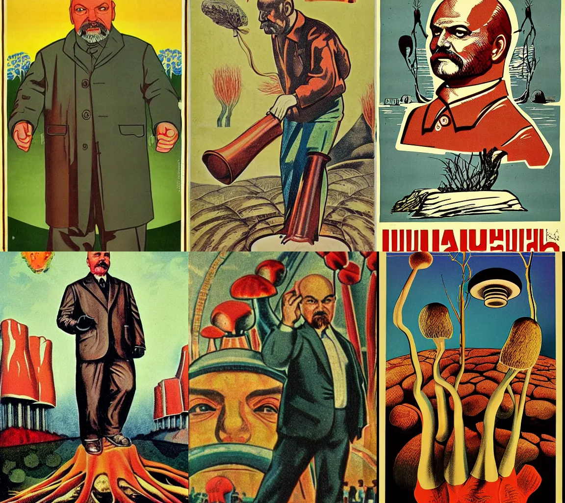 Prompt: iconic lenin as mushrum, fungus, scheme, root system, soviet poster, realism, avangard, many details, 1 9 5 0