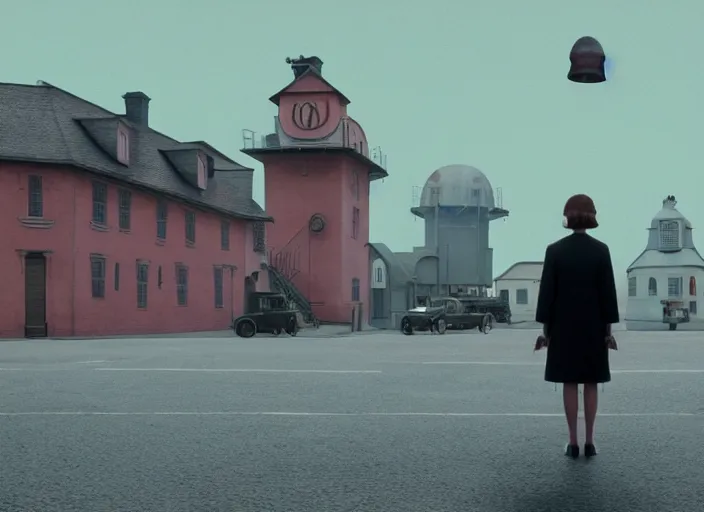 Prompt: cinematic mid shot of a woman's face with round glasses. she stands in a pastel 3 d minimalist, street scene with water tower, by jeffrey smart and gregory crewdson and edward hopper, grand budapest hotel