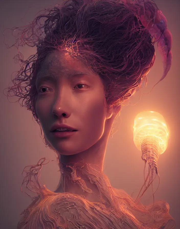 Image similar to goddess portrait. jellyfish phoenix head. intricate artwork by Tooth Wu and wlop and beeple. octane render, trending on artstation, greg rutkowski very coherent symmetrical artwork. cinematic, hyper realism, high detail, octane render, 8k, matte painting, peter mohrbacher, 3d