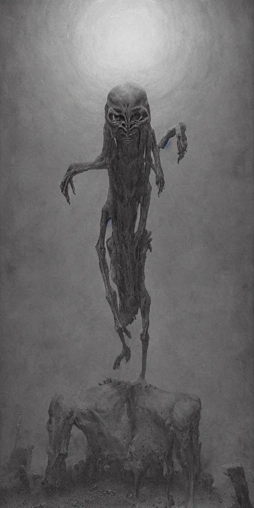 Image similar to demonic alien with long fingers at the foot of the bed in a dark room, tombstones, cows, beksinski