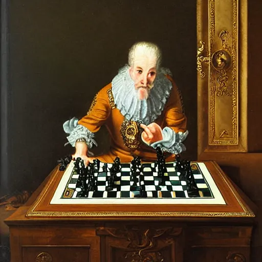 Prompt: tank playing chess looking wise, rococo oil painting, highly detailed