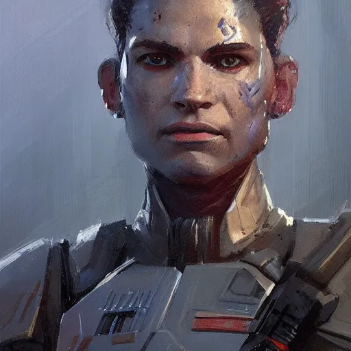 Image similar to concept art of a portrait by greg rutkowski, a soldier of the galactic dominion wearing gray and purple tactical gear, star wars expanded universe, smooth, sharp focus, artstation hq.