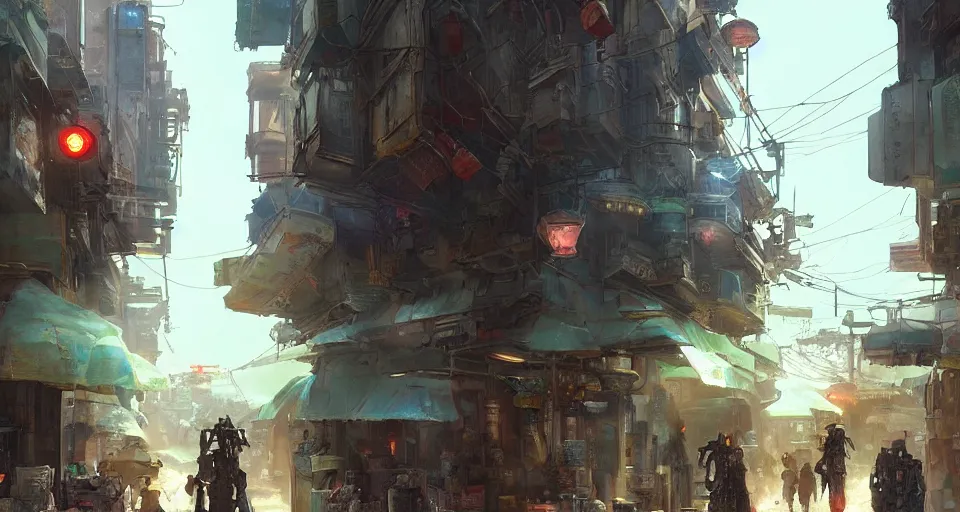 Prompt: craig mullins and ghibli digital art of chinatown street, sunset alley, erlang shen yang jian in a mecha shuttles through the ancient city of china, cyberpunk style, unreal engine, hyper realism, realistic shading, cinematic composition, realistic render, octane render, detailed textures, photorealistic, wide shot