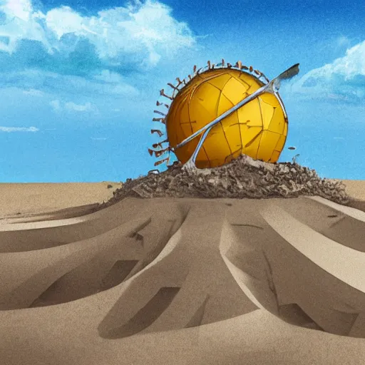 Prompt: in the center of a large sand quarry in the sand lies a large golden ball, a broken excavator is standing nearby, an anomalous air funnel is nearby, book illustration stylization, high quality, depth of sharpness, focus on the object