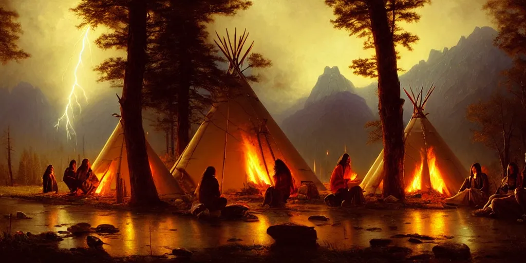 Image similar to some old native americans sitting together at a fire in front of some tipis, beatiful mountain background, cyberpunk, by albert bierstadt, by greg rutkowski, highly detailed, warm lightning, digital painting