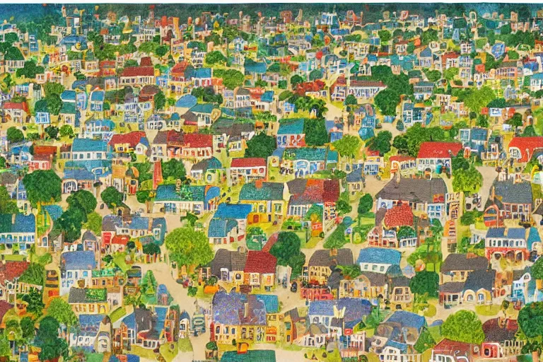 Prompt: an elaborate and dense painting of a peaceful neighborhood, detailed, made of alcohol ink on parchment and penned illustrations, by richard scarry