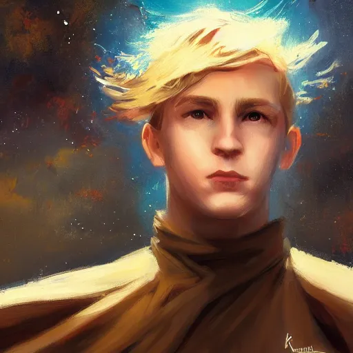 Image similar to blonde boy wearing a brown cape and flying in t pose, closeup, powerful, space background, oil painting, brush strokes, greg rutkowski