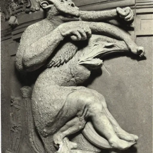 Image similar to antique photo of a creature busting out of a stone gargoyle, highly detailed, cfg = 1 5