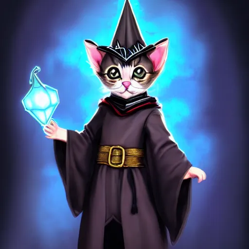 Prompt: a kitten wearing wizard robes and wizard hat, dungeons and dragons character art, dark, magic, key visual, posing, noble, full body portrait, high resolution, detailed, inspiring, award - winning, clear, crisp, sharp