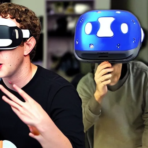 Prompt: mark zuckerberg lost walking in his endless metaverse house of mirrors, vr helmet on