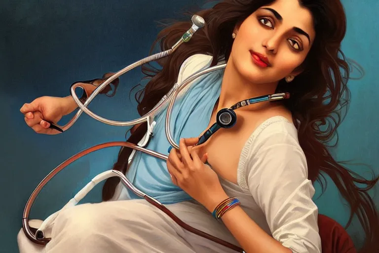 Image similar to sensual pale beautiful indian doctor in jeans with stethoscope, art deco portrait, elegant, intricate, digital painting, artstation, concept art, smooth, sharp focus, illustration, art by artgerm and greg rutkowski and alphonse mucha