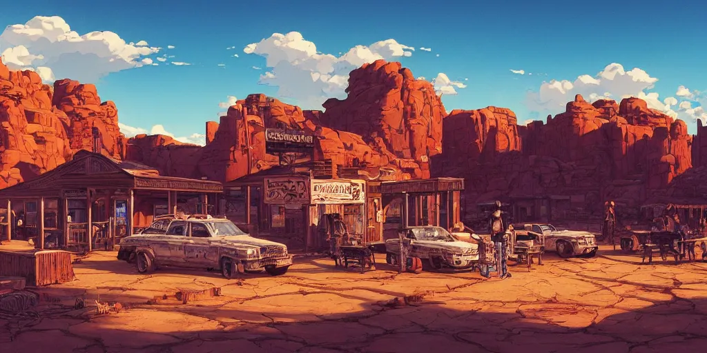 Image similar to a western saloon in the middle of the desert, blue sky and cirrus clouds in background, wide angle by ross tran and makoto shinkai and dan mumford, oasis, cactus, big red rocks, tumbleweeds, pulp sci - fi illustration, very detailed, 4 k horizontal wallpaper,