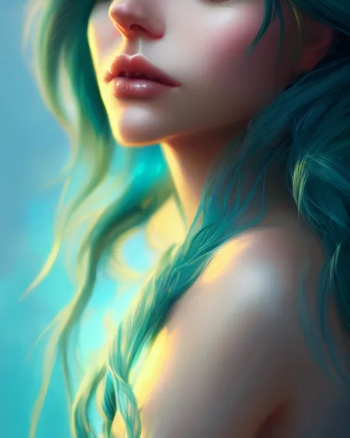 Image similar to portrait of a beautiful girl, flowy turquoise hair, cinematic lighting, highly detailed, digital painting, trending on artstation, pixiv, concept art, sharp focus, illustration, art by ross tran and wlop