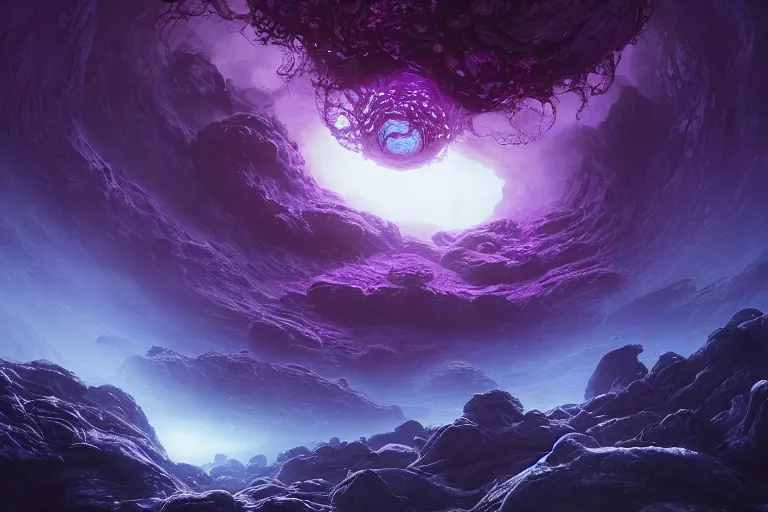 Prompt: A deep space view of an Eldritch Organic Planet of The Void made of eyeballs and tentacles, Purple and Blue colored, 4k, masterpiece, cinematic, glowing, by Greg Rutkowski, Trending on Artstation, Behance. Polished, Volumetric Lighting