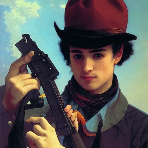 Prompt: a vintage portrait painting of a fantasy male gunslinger, art by tristan eaton and artgerm and william - adolphe bouguereau