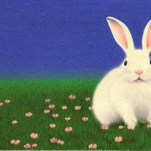 Image similar to a japanese painting of a white rabbit with long hairs in a clover field