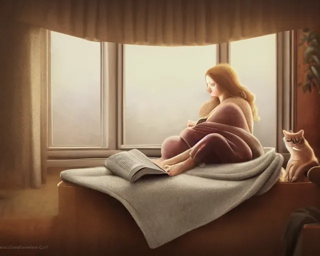 Image similar to a beautiful warm matte painting of a woman curled up with a blanket reading a good book next to her friendly cat who is purring with eyes closed. they are both sitting next to a window as the sun sets in winter, by nina masic, crisp, detailed, trending on artstation