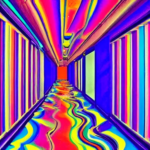 Prompt: psychedelic hallway, bright colors, infinity,