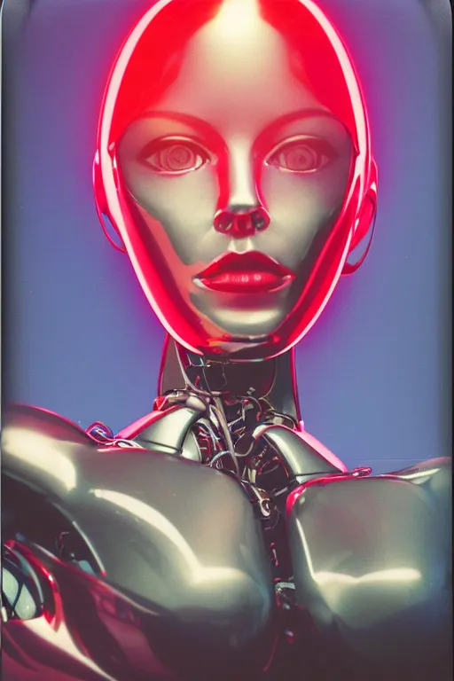 Prompt: analog polaroid portrait of an attractive chrome female robot looking at the camera, beautiful, Hajime Sorayama, sheen, red reflections, unreal engine, azure sky, big clouds visible, sunlight, reflection, sparkles, lensflare, film grain, depth of field, color bleed