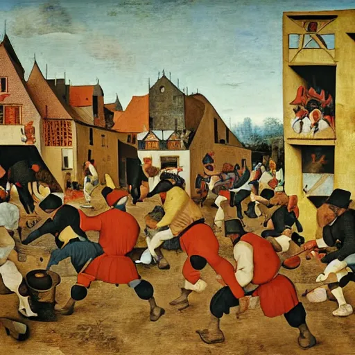 Prompt: harlem trotters depicted in a pieter bruegel painting, dramatic