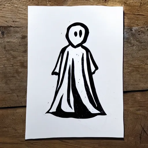 Prompt: linocut of a kid wearing a ghost costume