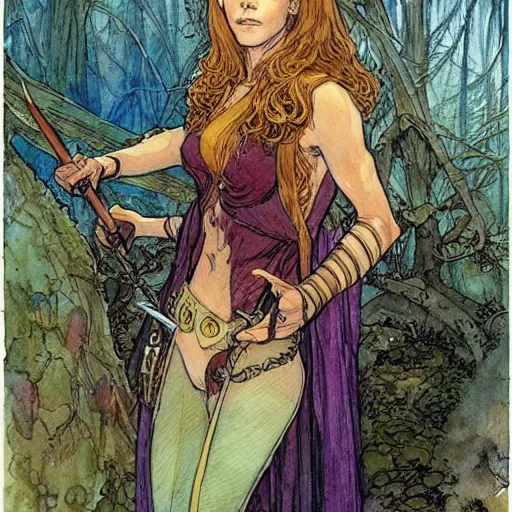 Prompt: a realistic and atmospheric watercolour fantasy character concept art portrait of a young jane fonda in her 2 0 s as a druidic warrior wizard looking at the camera with an intelligent gaze by rebecca guay, michael kaluta, charles vess and jean moebius giraud