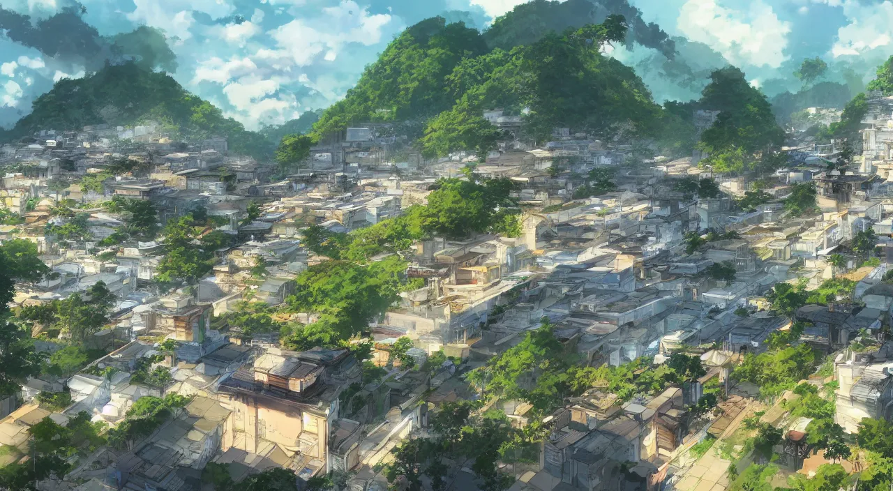 Image similar to The City Surrounded by Limestone Hills, Ipoh, Anime scenery concept art by Makoto Shinkai