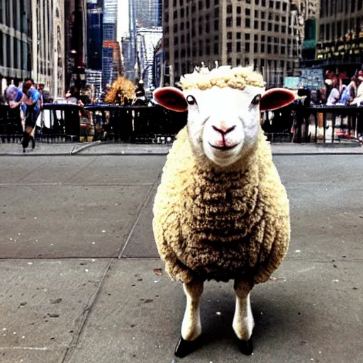 Image similar to sheep from 'Sheep in the Big City' drinking a beer. New York City.