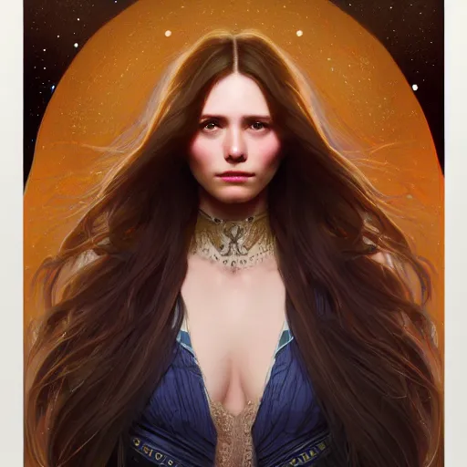 Image similar to girl with super long hair, hair becoming night stars, intricate, highly detailed, digital painting, artstation, concept art, smooth, sharp focus, illustration, unreal engine 5, 8 k, art by artgerm and greg rutkowski and alphonse mucha