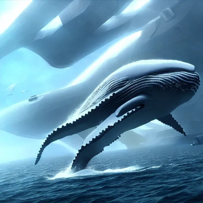 Prompt: Huge whale-shaped cybership, hard sci-fi,global illumination, physically based rendering, photoreal, small details, intricate, science fiction fantasy