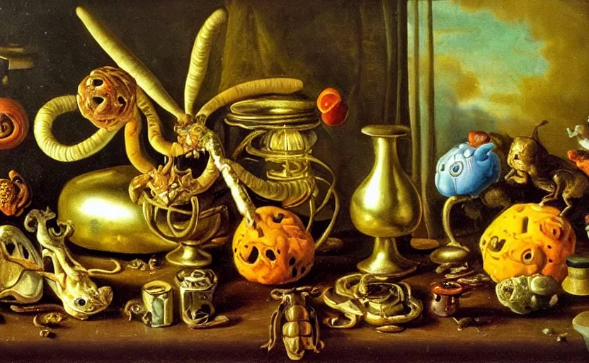 Image similar to disturbing colorful oil painting dutch golden age vanitas still life with bizarre objects strange gooey surfaces shiny metal bizarre insects rachel ruysch dali todd schorr very detailed perfect composition rule of thirds masterpiece canon 5 0 mm, cinematic lighting, photography, retro, film, kodachrome