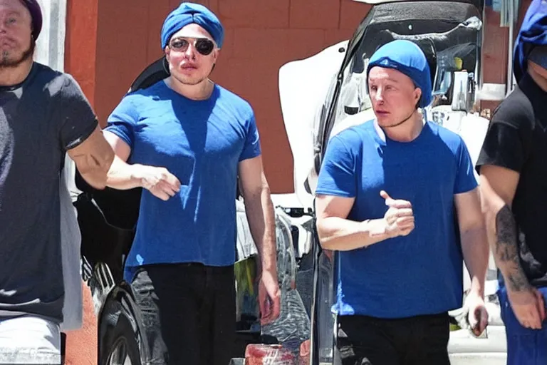 Image similar to elon musk as a dangerous gang member, wearing a blue head covering made from a polyester material and a stained white tank top, paparazzi, leaked footage, uncomfortable, bad quality