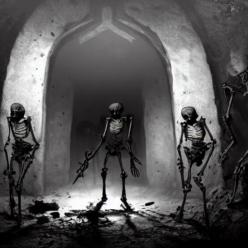 Prompt: 5 living undead skeletons emerging from a pile of brown shit and dirt in the bottom of a very dark well. swords in their hands. circular room. stone walls. bright runic symbols in wooden doors. wide angle. trending on artstation, craig mullins, gopro lens.