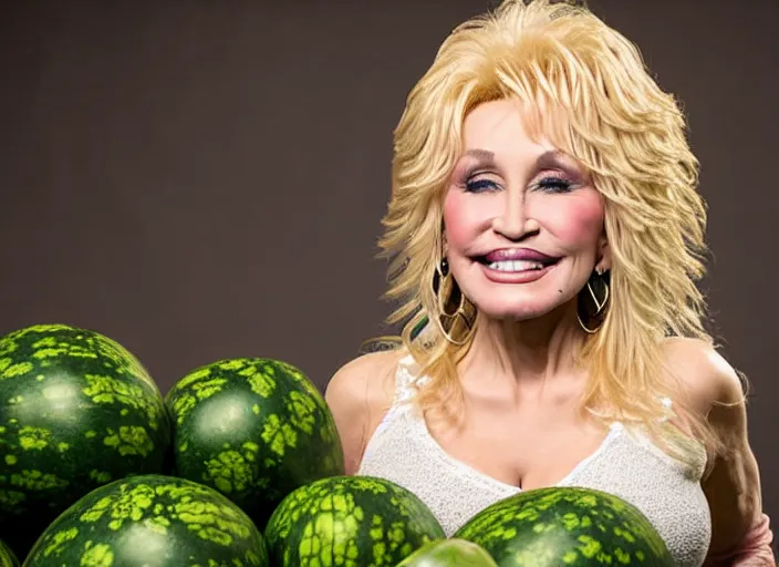 Image similar to studio portrait photo still of 2 0 year old dolly parton!!!!!!!! at age 2 0 2 0 years old 2 0 years of age!!!!!!! surrounded by watermelons, 8 k, 8 5 mm f 1. 8, studio lighting, rim light, right side key light